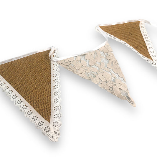 Lace/ hessian bunting